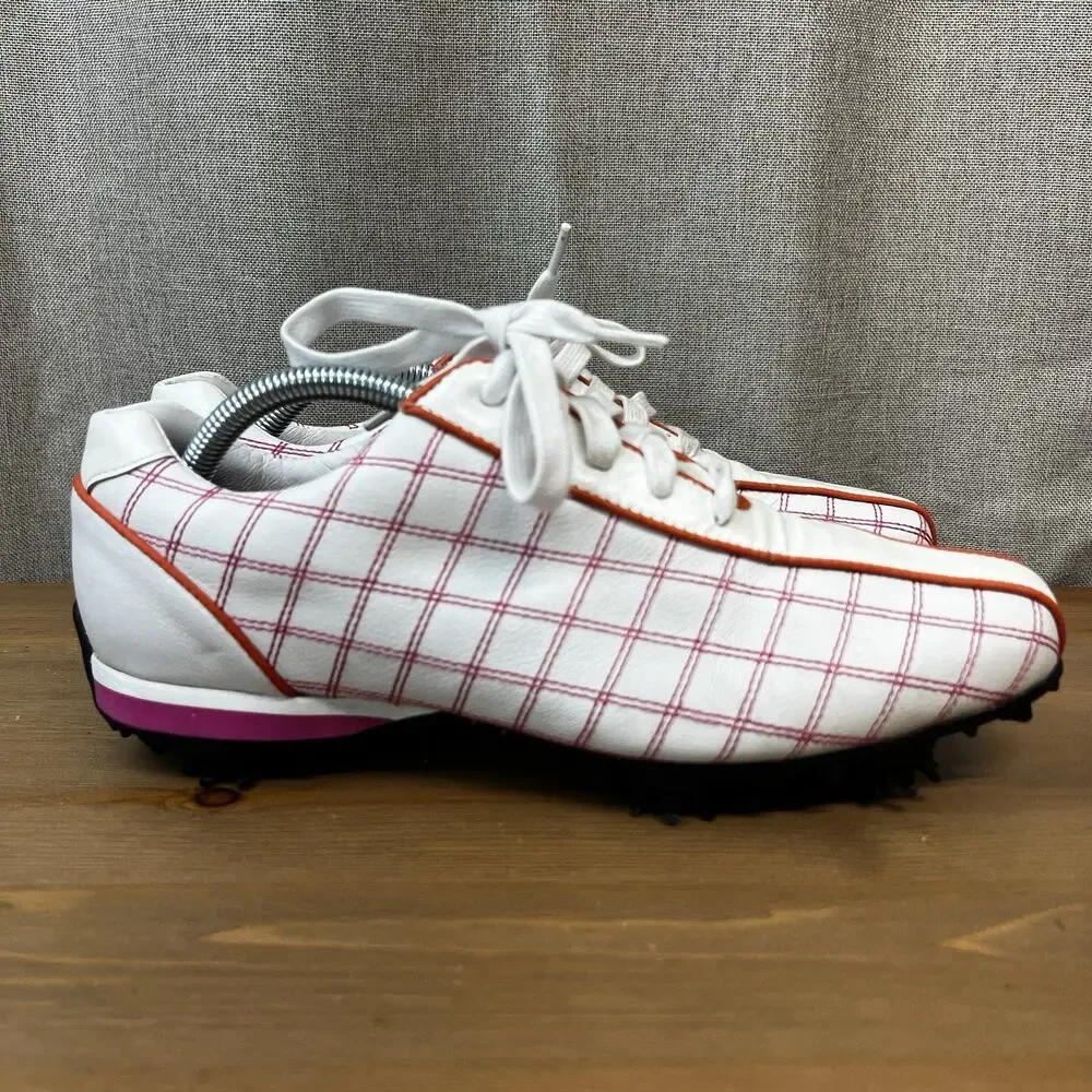 Footjoy Golf Shoes Women’s 8M Pink Plaid Orange Cleats 97222 Lace Up Spikes